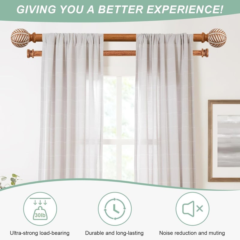 TANGWIN Boho Wooden Curtain Rods for Windows 66 to 120: 1" Heavy Duty Double Curtain Rod with Imitation Wood Grain Finials Farmhouse Decorative Wood Curtain Rod Dual Adjustable for Living Room Bedroom - Image 5